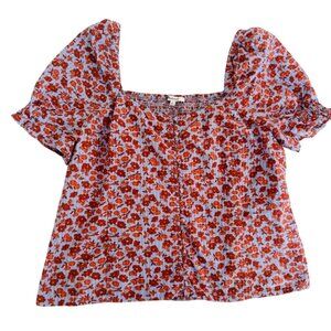 Madewell Floral Puff Sleeve Top Size 10 Red/Blue Square Neckline